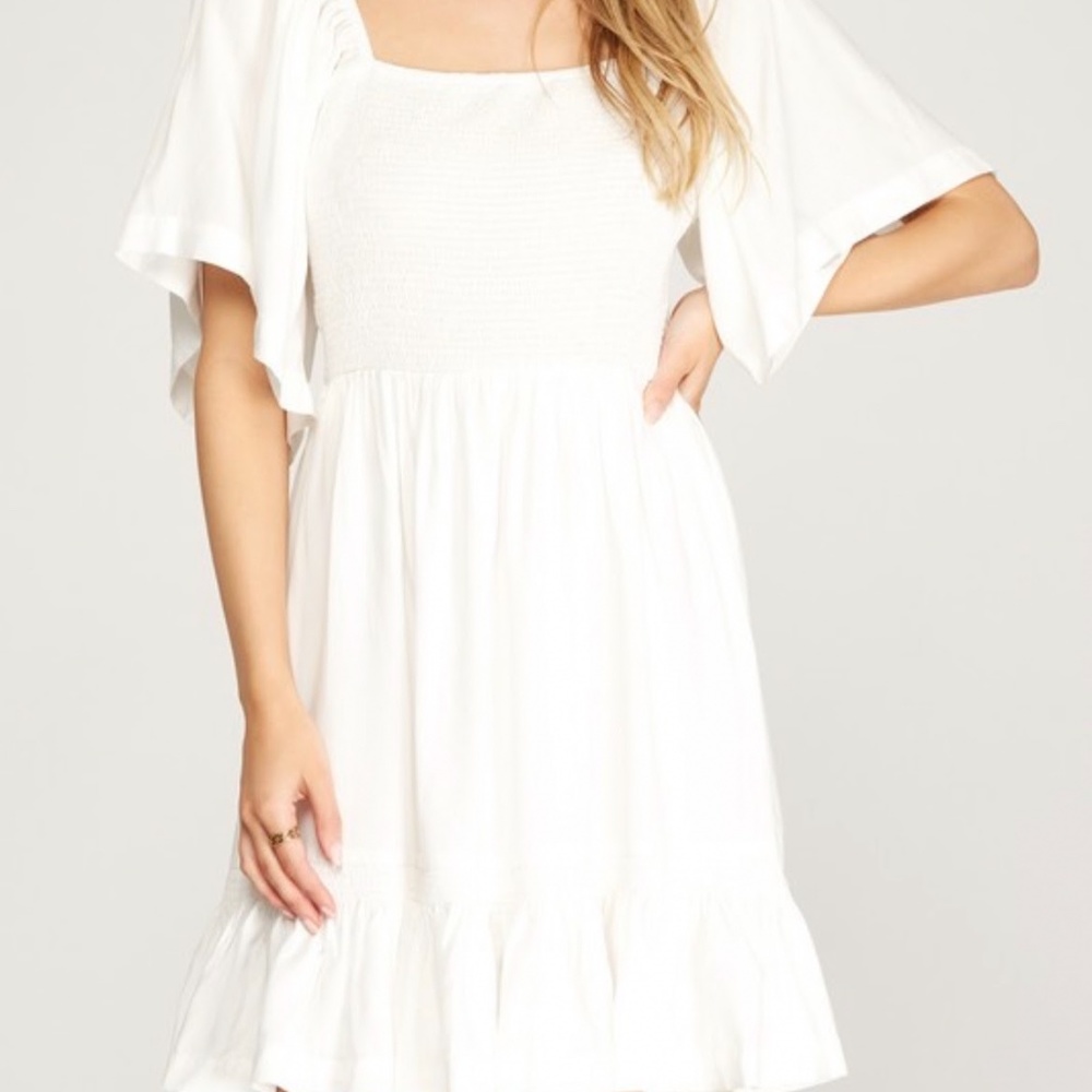 She+Sky White Smocked top dress with tie back 🎀NWT